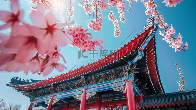 桃花樱花古代建筑立体描绘摄影照