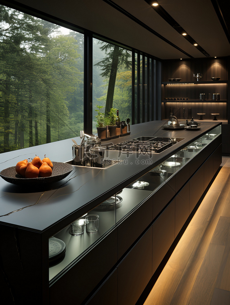 家庭厨房橱柜设计深灰色摄影图