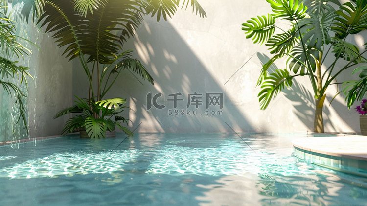 泳池绿植立体描绘摄影照片