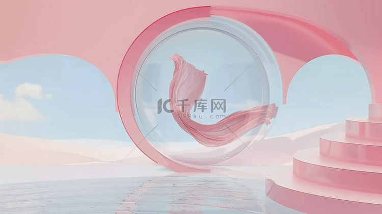 粉色透明飘带3D圆展台场景图片