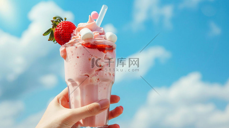 草莓冰淇淋奶盖立体描绘摄影照片