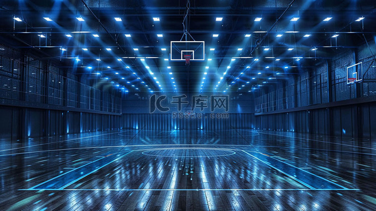 篮球场灯光立体描绘摄影照片