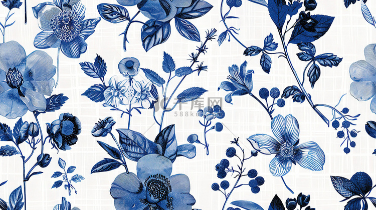 花卉和植物靛蓝布料图案背景图