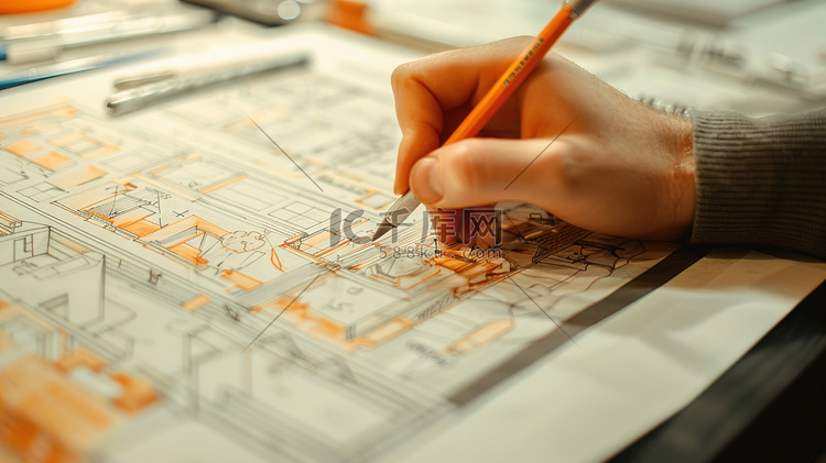 手拿铅笔绘制工程图纸图片