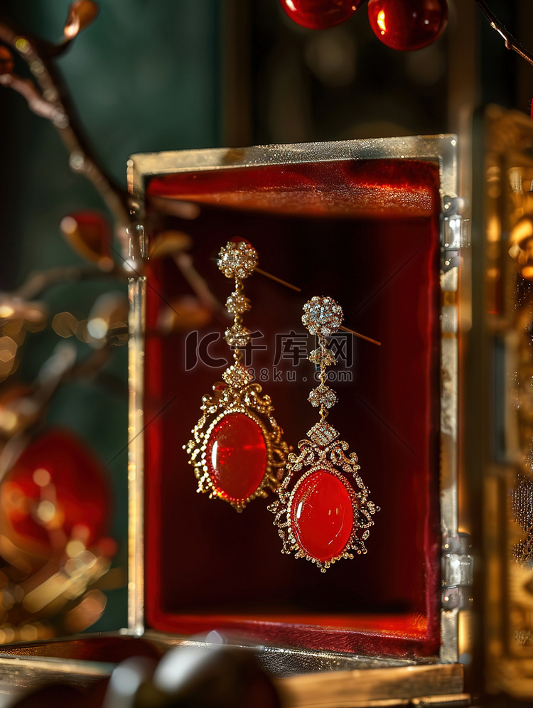 珠宝摄影红色翡翠耳环图片