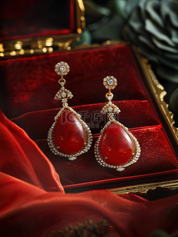珠宝摄影红色翡翠耳环高清图片