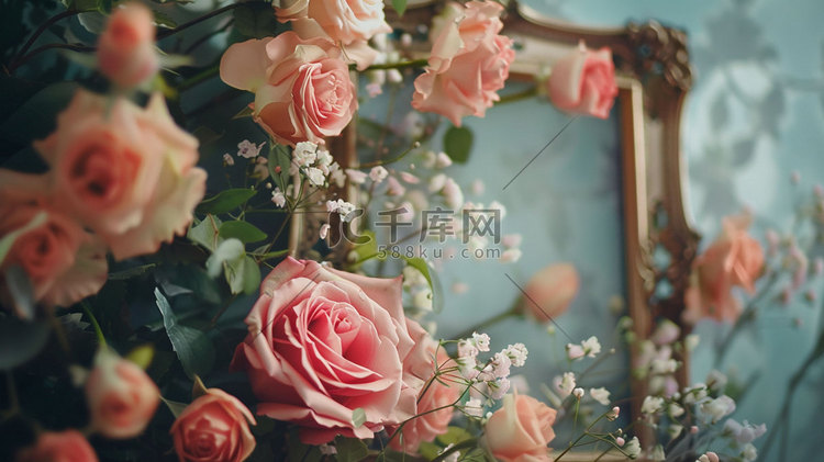 玫瑰婚纱相框立体描绘摄影照片