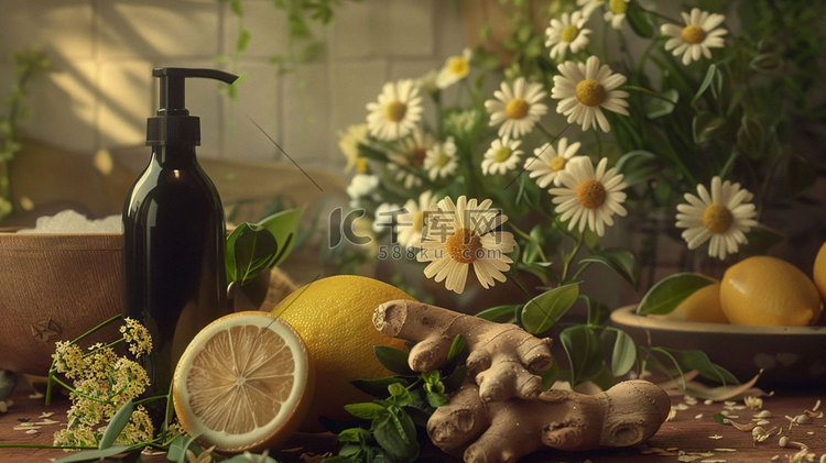 柠檬洗护品立体描绘摄影照片