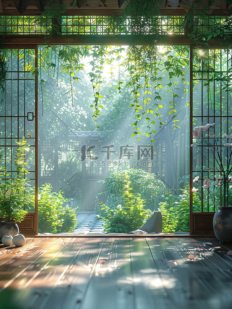 中式庭院木雕门框摄影照片