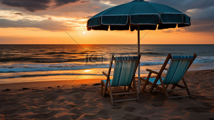 日落时的海滩躺椅摄影图