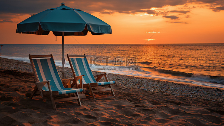 日落时的海滩躺椅高清摄影图