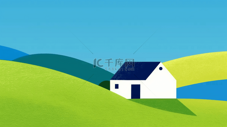 夏天原野绿色山坡上的一座小房子