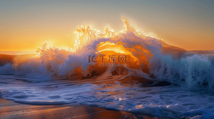 彩色大海里夕阳下海浪翻滚的背景