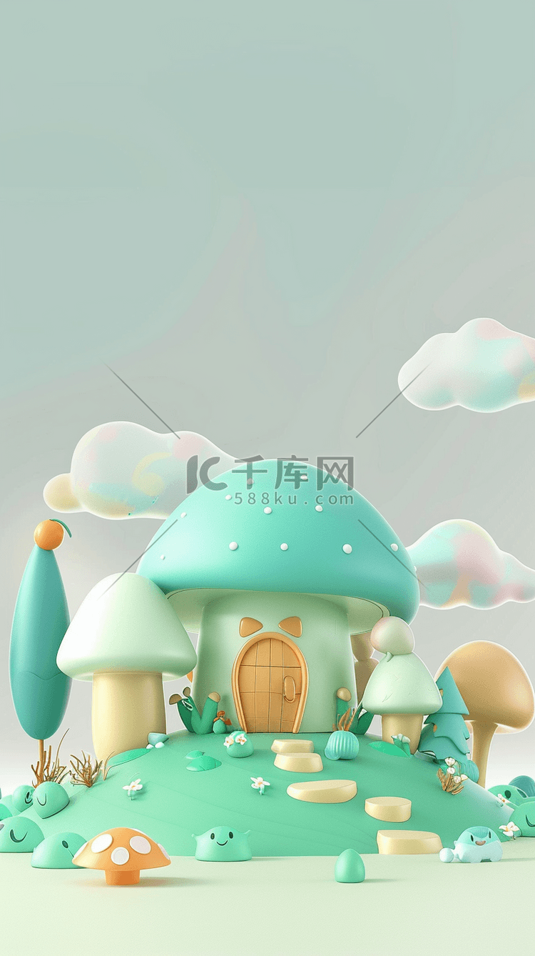 可爱卡通鲜艳的3D蘑菇屋素材