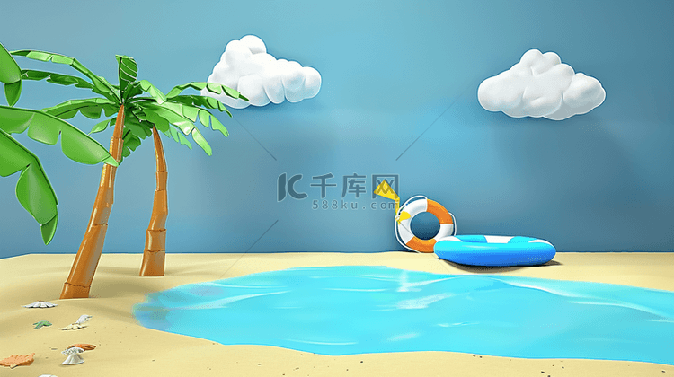 夏天白云椰子树3D电商展台背景