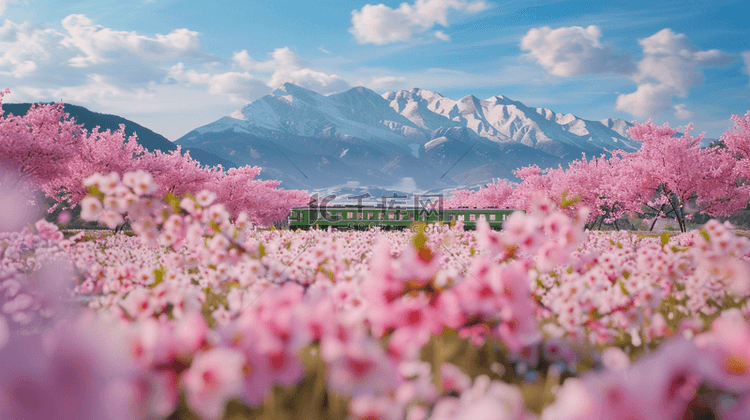 列车花海远山合成创意素材背景