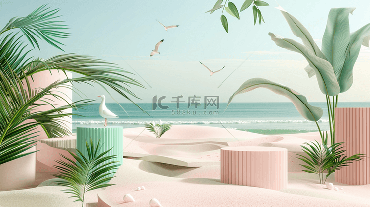 清新夏天粉绿色沙滩椰树电商展台