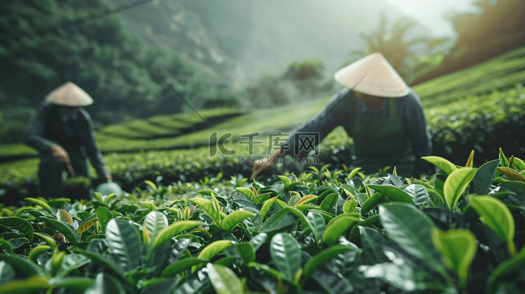 茶园中采茶的茶农摄影6