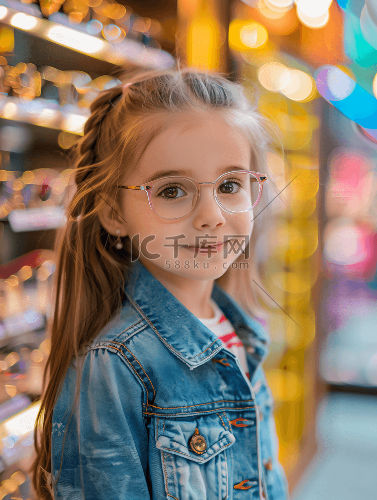 眼镜店里小女孩正佩戴着眼镜在验