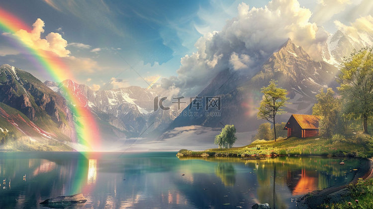 高山湖泊彩虹合成创意素材背景
