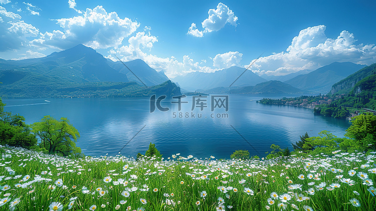 青山环绕的广阔蓝湖摄影配图