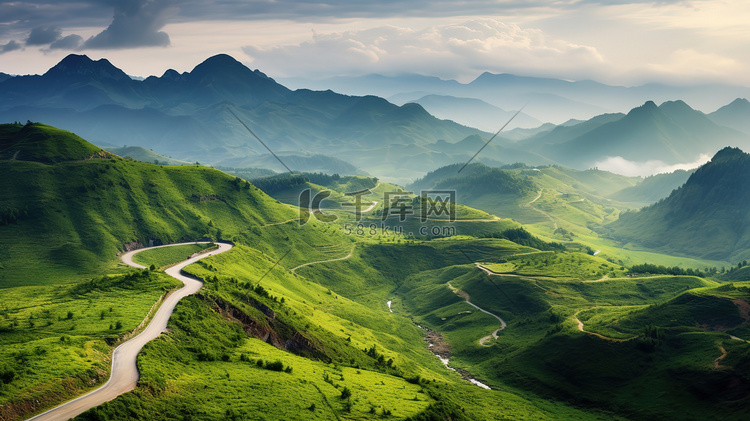 高山草原山顶上的蜿蜒道路照片