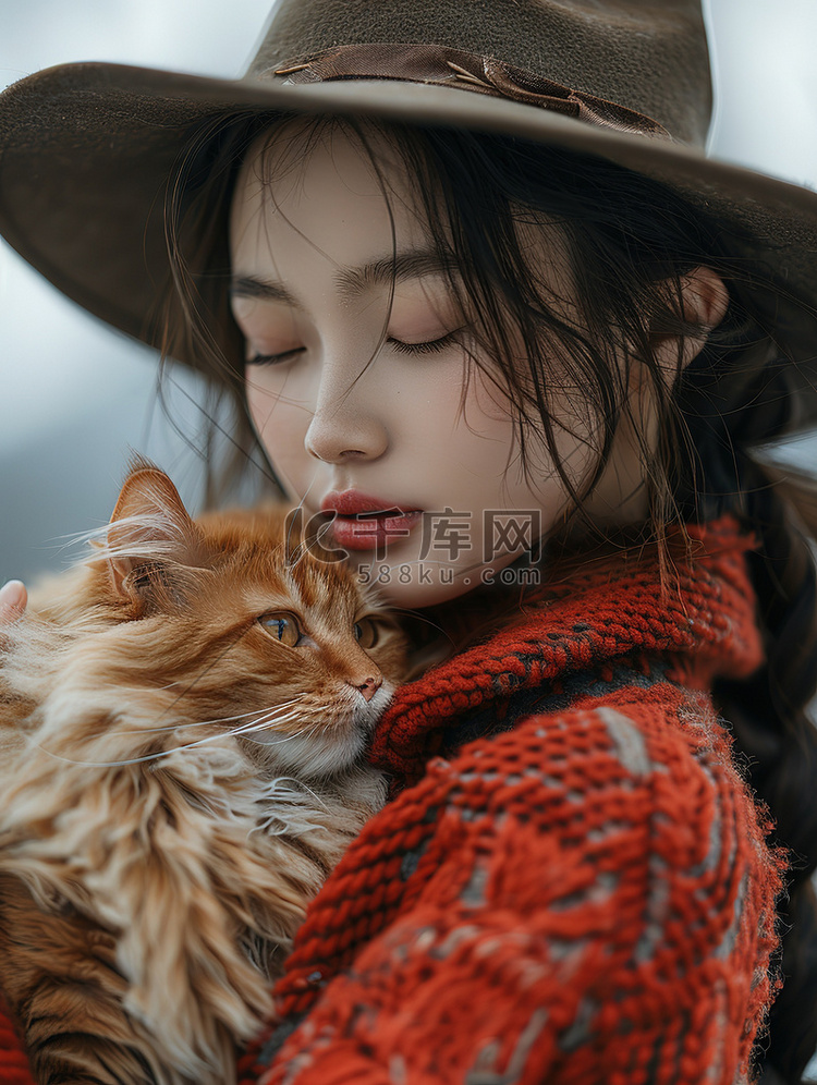 女人抱着一只可爱的猫高清摄影图