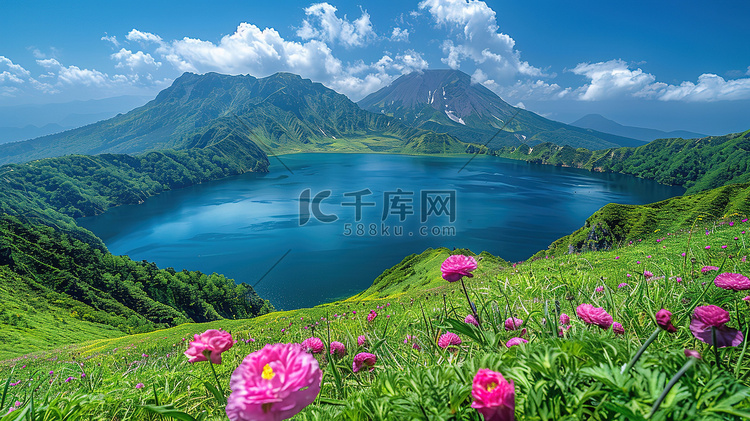 青山环绕的广阔蓝湖摄影配图
