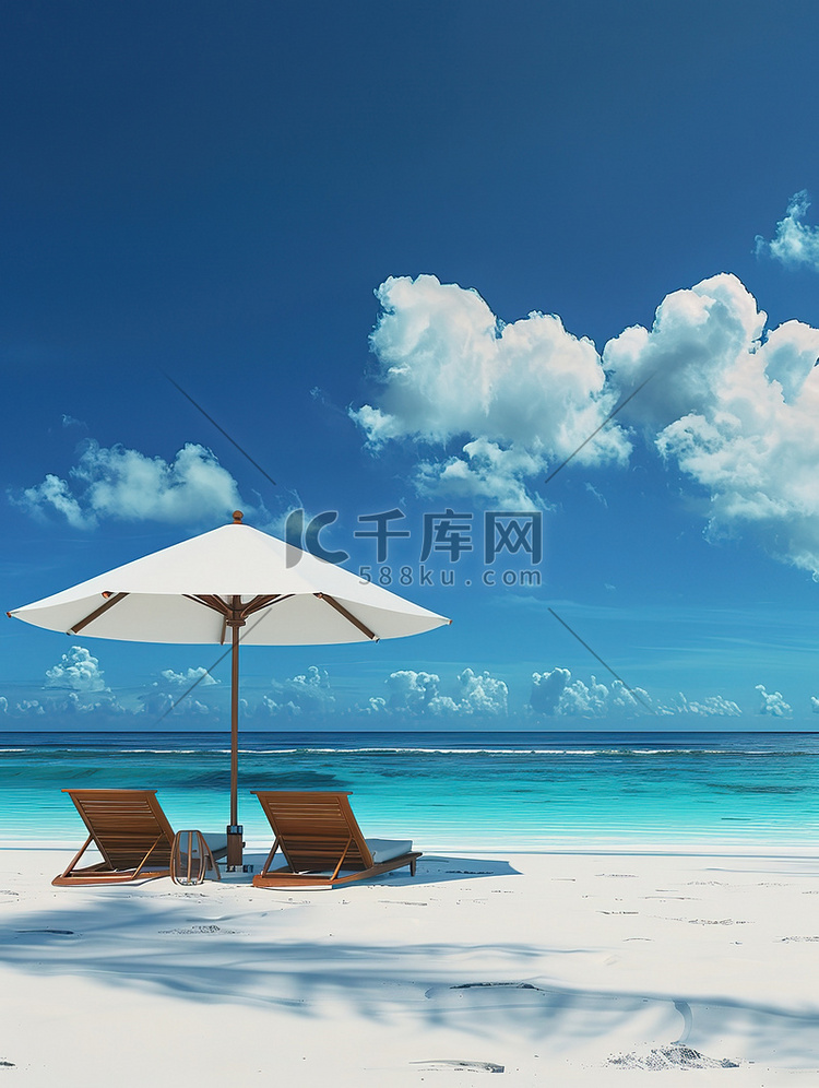 沙滩伞木椅夏日海边高清摄影图