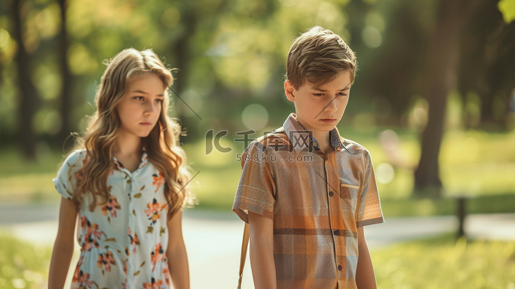 一个男孩和一个女孩一起在公园散