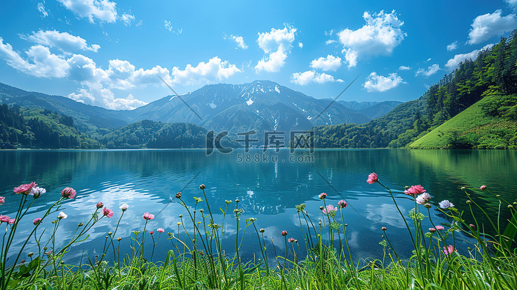 青山环绕的广阔蓝湖照片