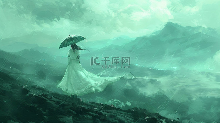 女人撑伞降雨合成创意素材背景