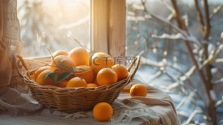 桌子篮子里的橙子摄影配图