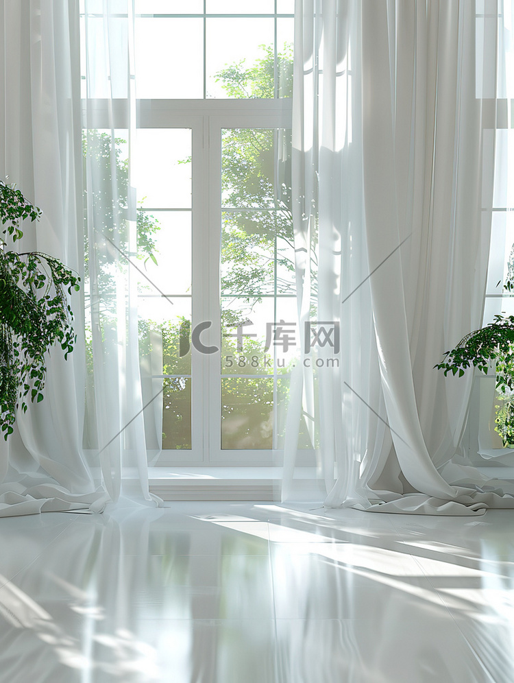 白色明亮的窗帘客厅高清摄影图