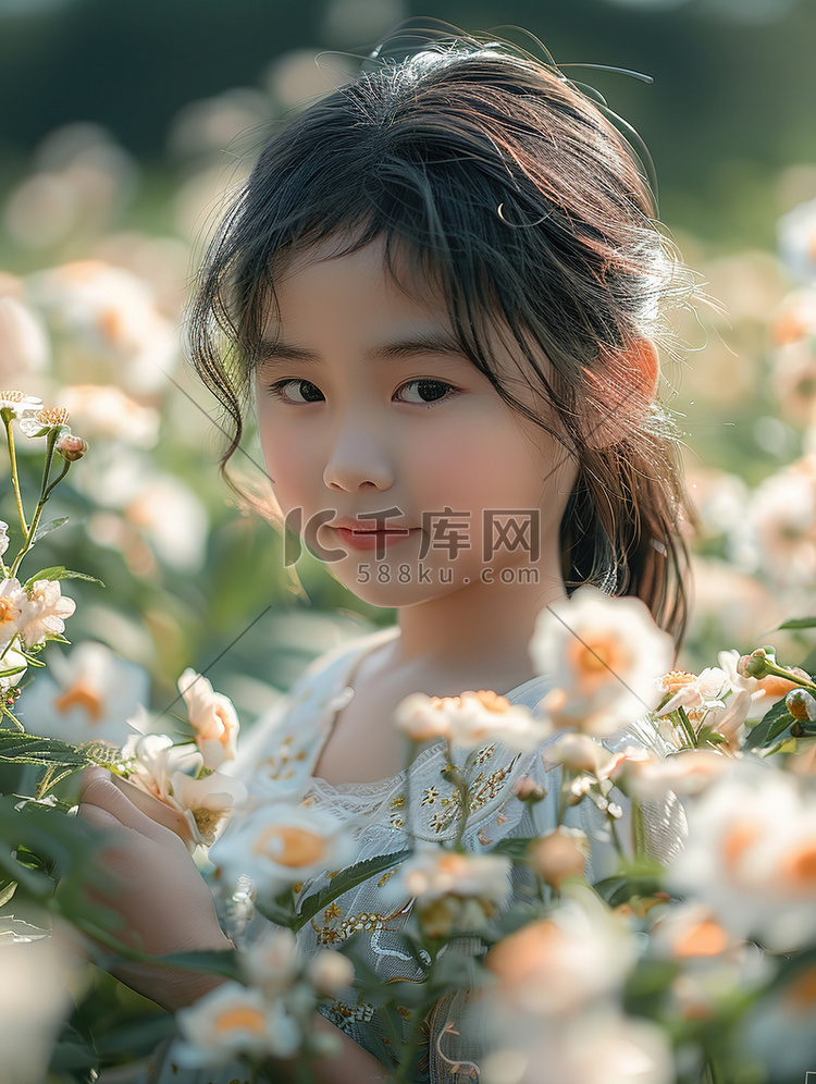花朵丛中的小女孩摄影照片