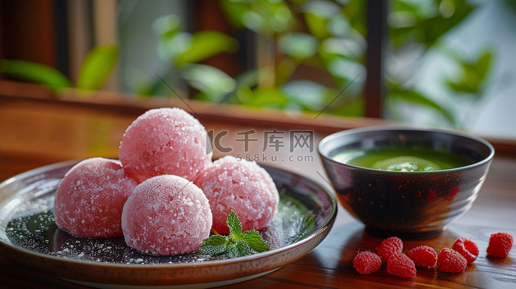 粉色球形冰淇淋抹茶粉摄影照片