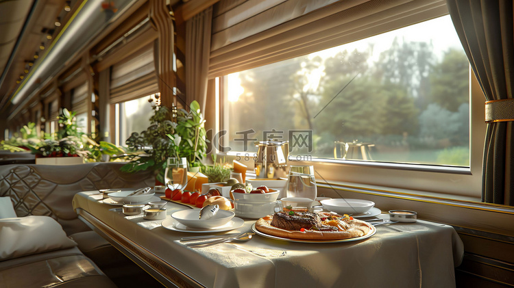 列车餐桌美食窗外摄影照片