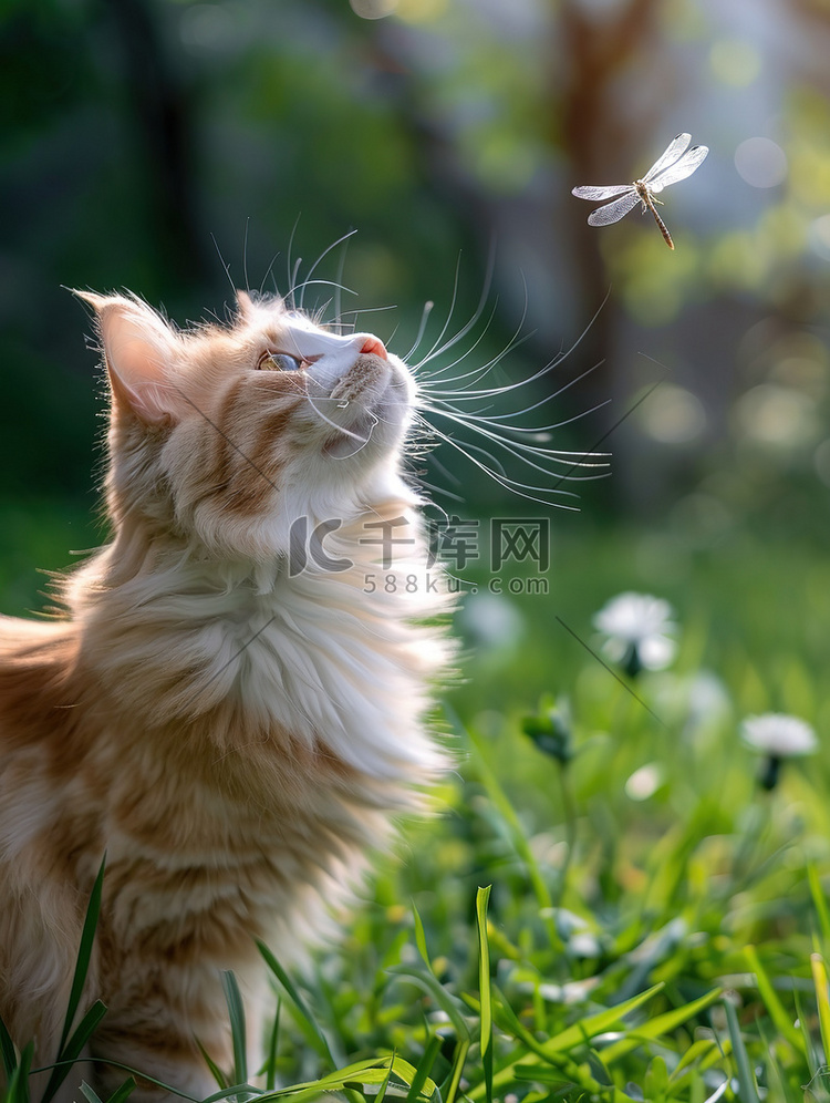 猫咪跳跃抓蜻蜓公园照片