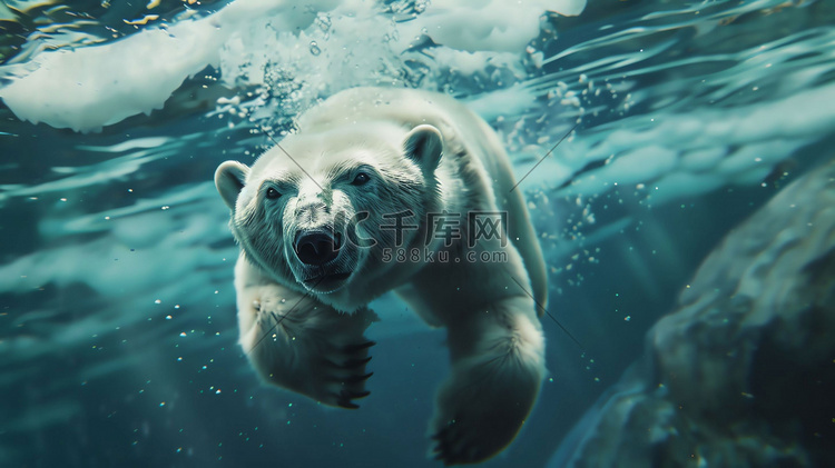 水下北极熊觅食潜游摄影照片