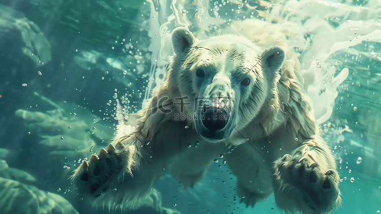 水下北极熊觅食潜游摄影照片