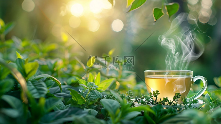 阳光绿叶茶杯热气摄影照片