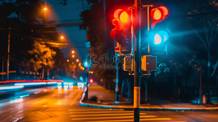 红绿灯夜晚城市灯光摄影照片