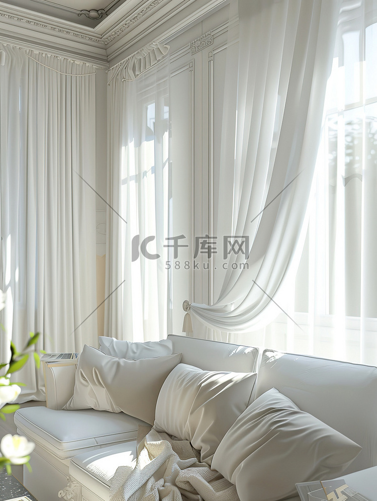 白色明亮的窗帘客厅摄影配图
