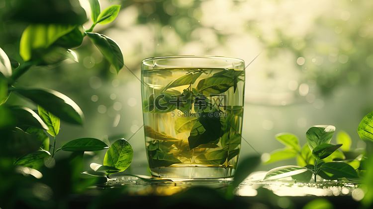 绿色茶叶茶杯的摄影摄影配图