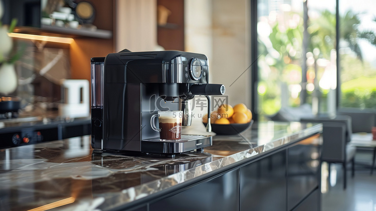 豪华厨房大理石台面咖啡机摄影照