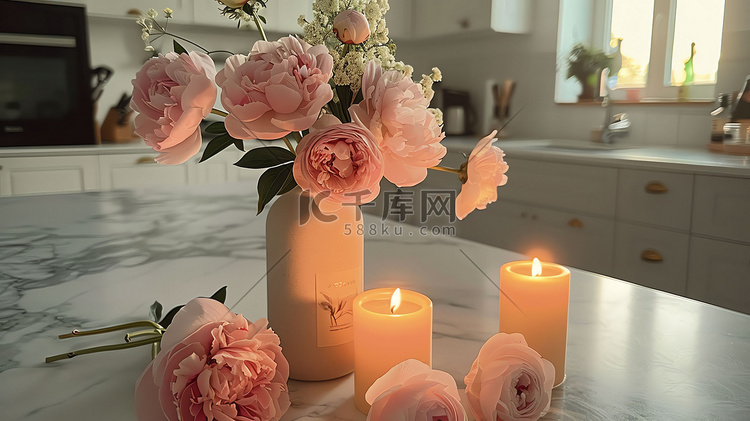 桌面蜡烛花束装饰摄影照片