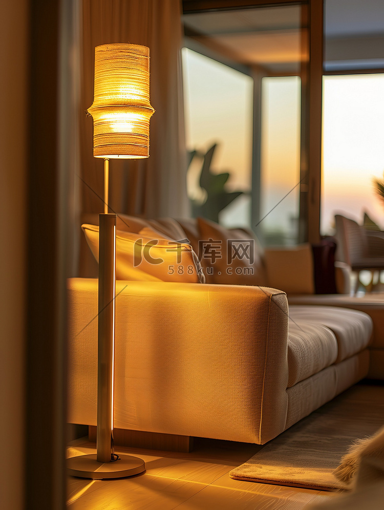 客厅现代金色落地灯高清摄影图