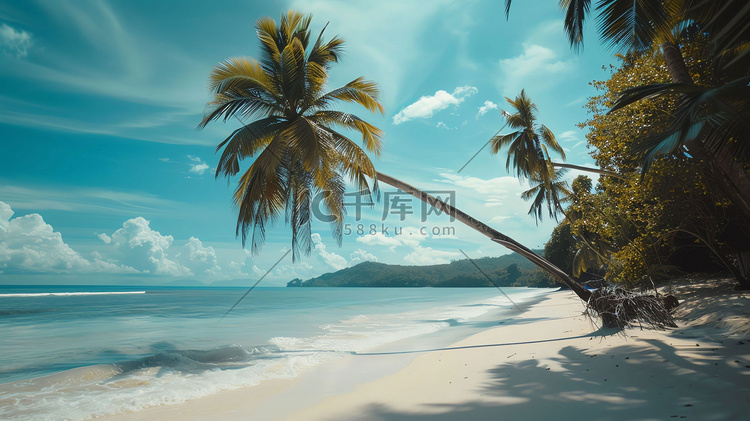 蓝天白云沙滩椰树摄影照片