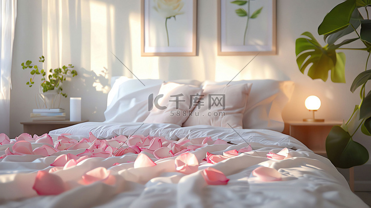 阳光床铺花瓣浪漫摄影照片