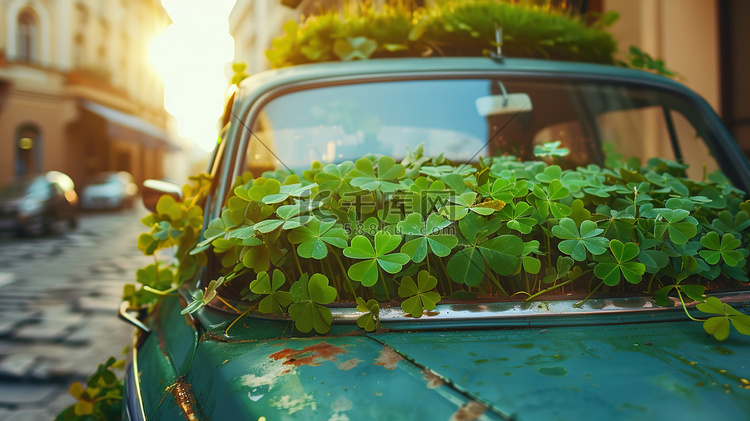 小汽车上铺满树叶的摄影照片
